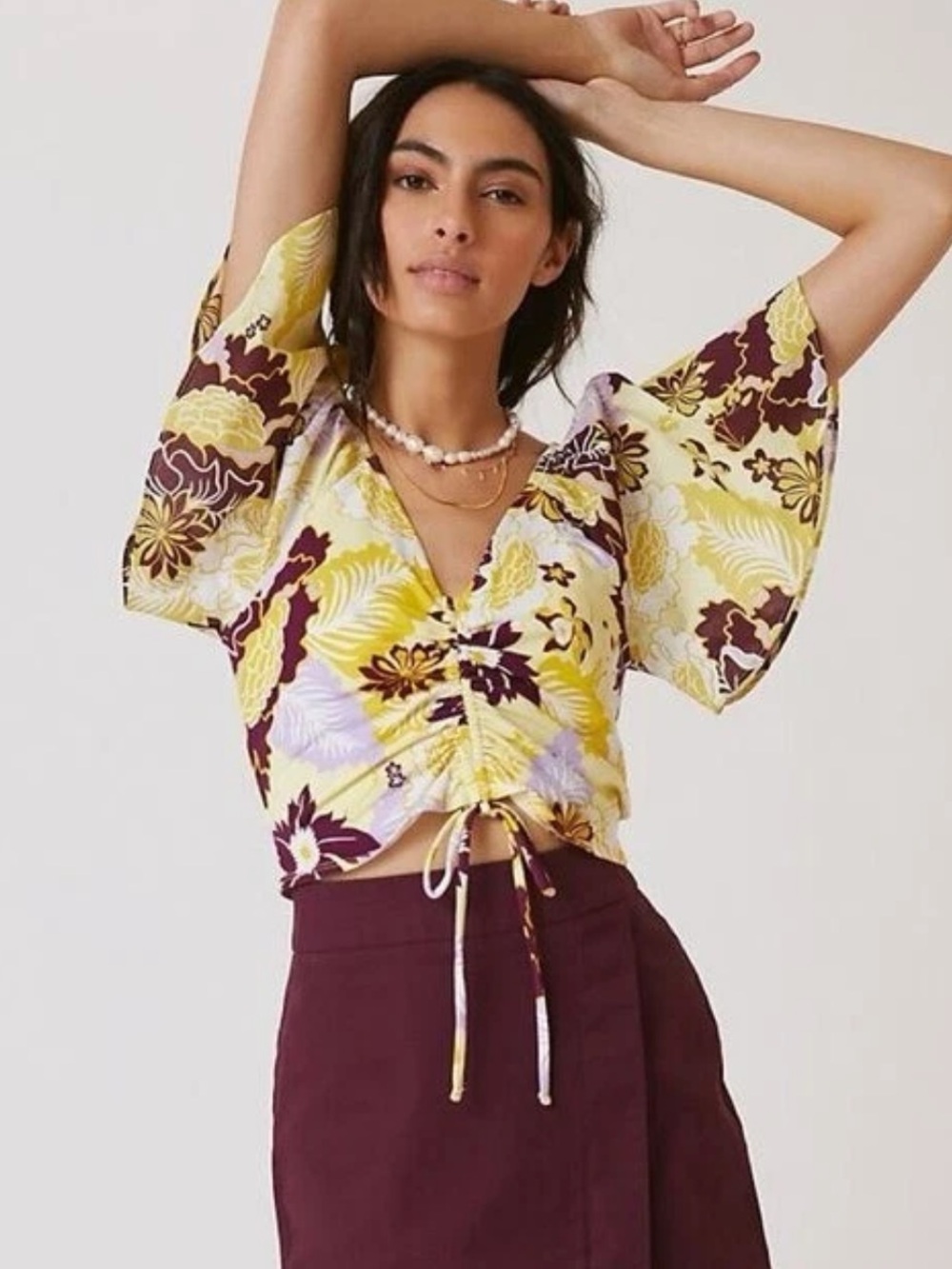 Mauve Anthropologie yellow purple maroon floral top blouse Size XS